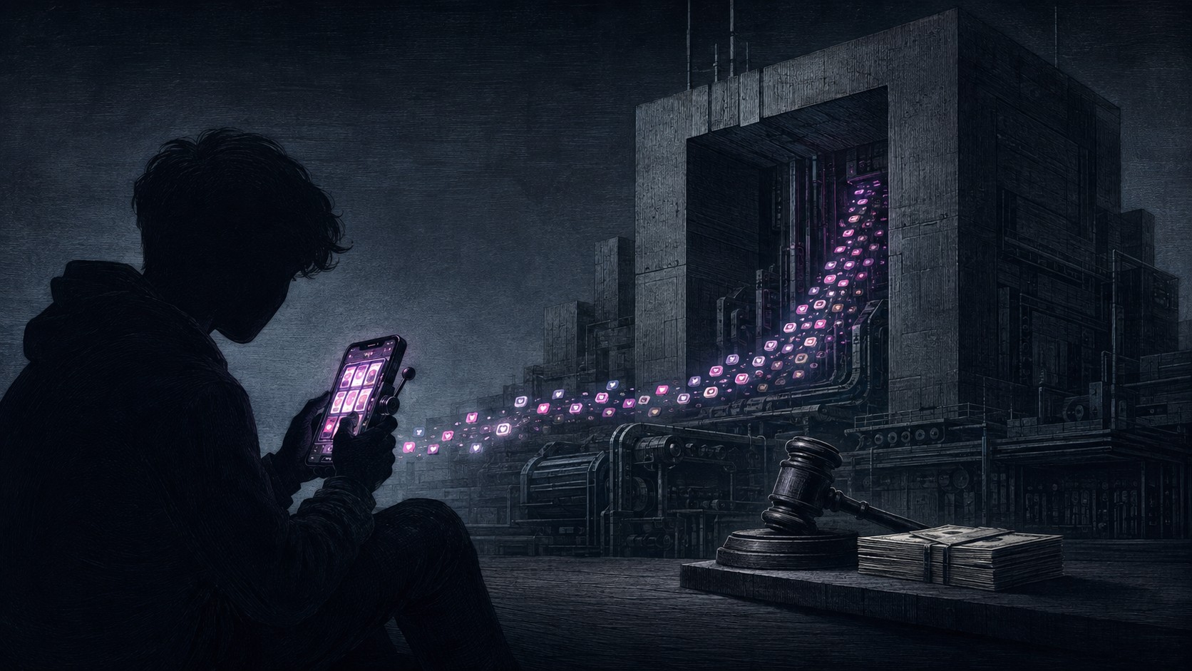 Un adolescente mira un teléfono que alimenta una gran maquinaria digital; delante hay un mazo judicial y una pila de dinero.